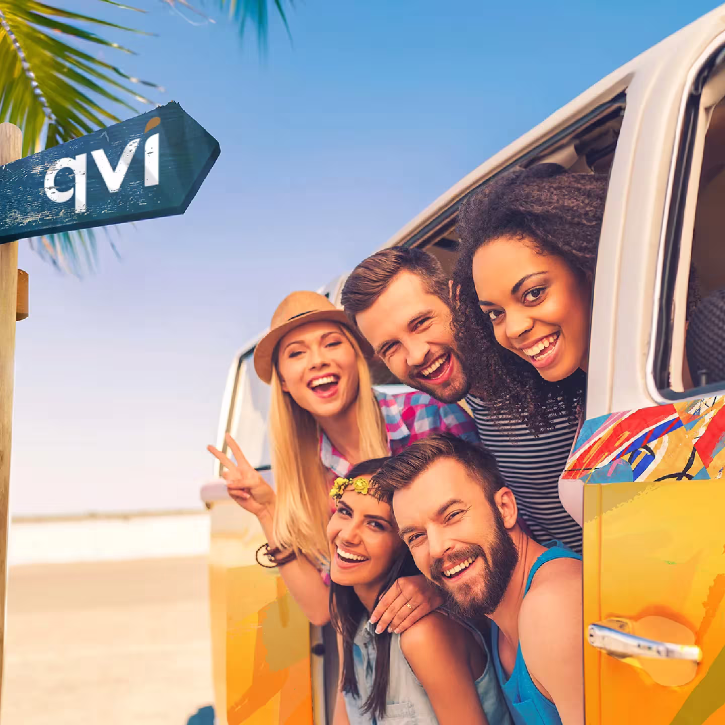 Friends in a van enjoying their trip booked through a QVI holiday membership