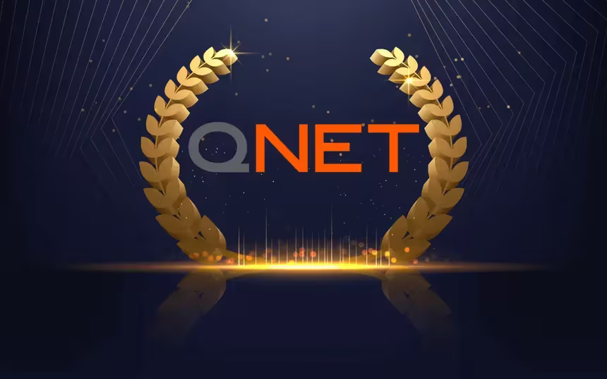 QNET logo inbetween victory ferns for QNET awards