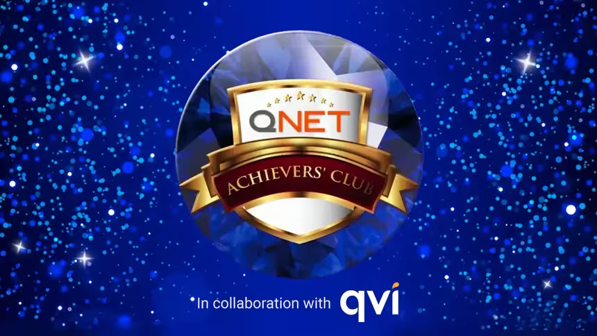 QNET Sapphire Star version of the Achievers Club logo; the banner also says in collaboration with QVI